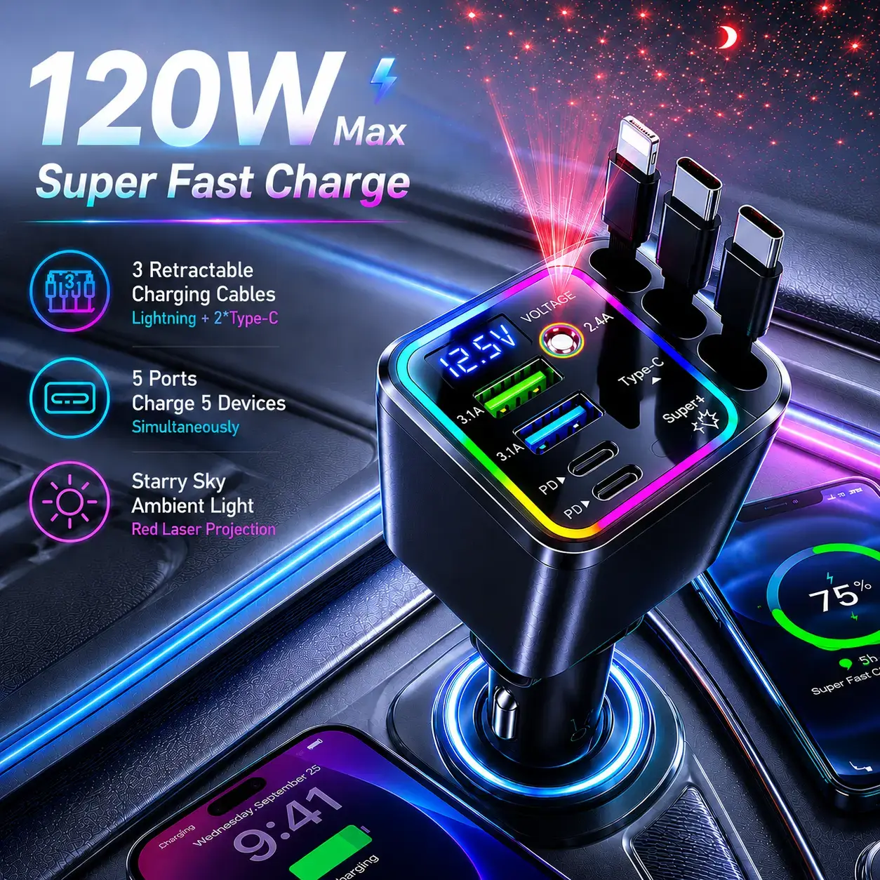 7 in 1 Retractable Car Charger 120W Super Fast Charging PD 20W USB A 65W 3 Tangle Free Retractable Cables Charge 7 Devices Simultaneously Starry Sky Light 1 Click Galaxy Projector LED Voltage Display Smart Chip Universal for iPhone Samsung Android iPad su