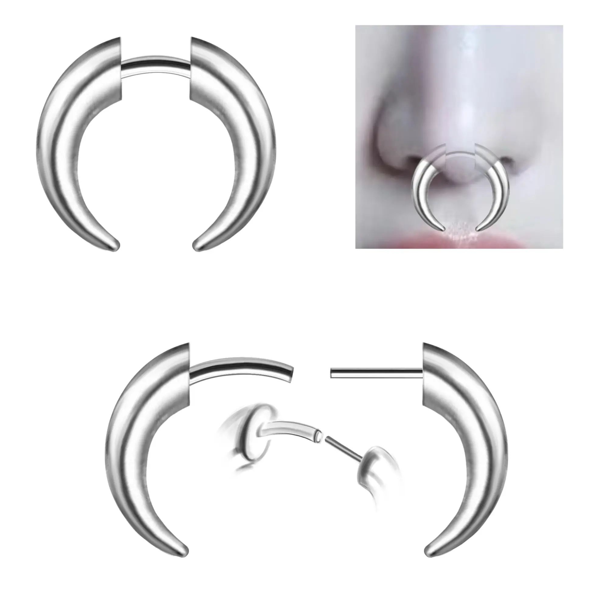 OUFER BODY JEWELRY Hypoallergenic Titanium Fake Stretched Septum Ring - 16G Threadless Push Pin Pincher Horseshoe, Nose Piercing Body Jewelry, Hypoallergenic Septum Rings, Faux Septum Piercings, Accessories Adults
