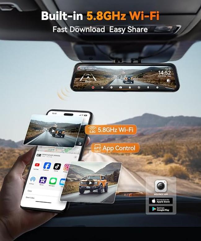 WOLFBOX G900 PRO Mirror Dash Cam with STARVIS 2 IMX678 128GB Card 5.8GHz WiFi 4K Front 2.5K Rear Video TikTokShopHolidayHaul Dashcam for Cars