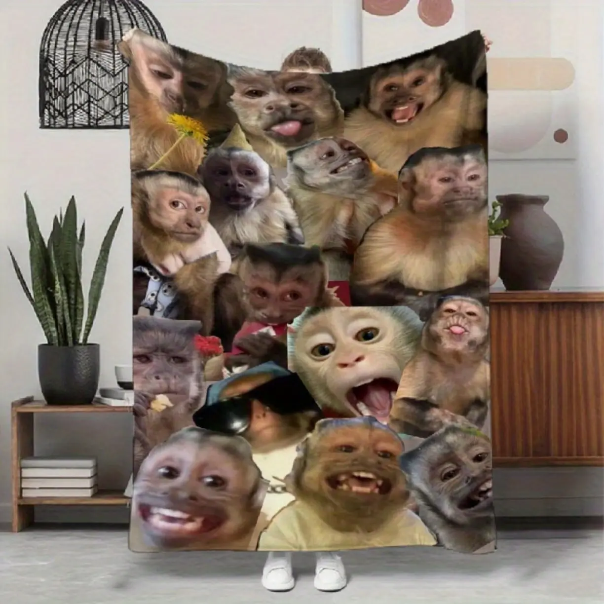 Funny Monkey Face Collage Flannel Blanket - Extra Large Soft Throw for Couch, Bed, Sofa - Lightweight & Breathable All-Season Cozy Blanket - Perfect Gift for Home Decor & Pranksters -,Bed Accessory, Skinfriendly Fabric, Contemporary Style,