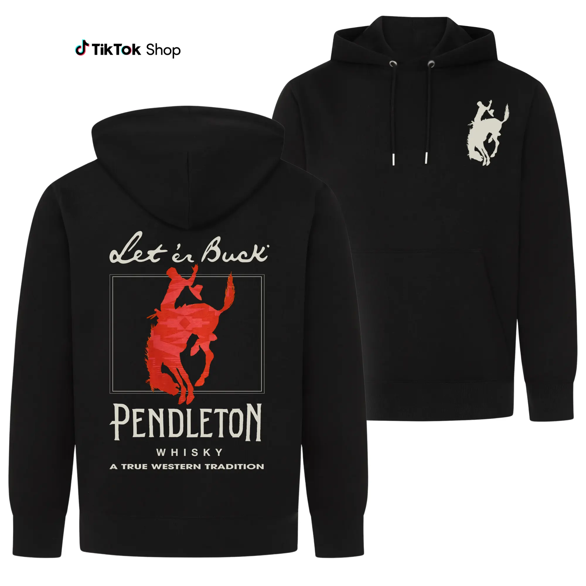 Men's Western Graphic Hoodie - 100% Cotton Soft Fabric Sweatshirt, 2-Sided Cowboy 'Let 'er Buck' Horse Print, Relaxed Casual Ootd Tops for Halloween, Thanksgiving, Party, Chic Classic Menswear