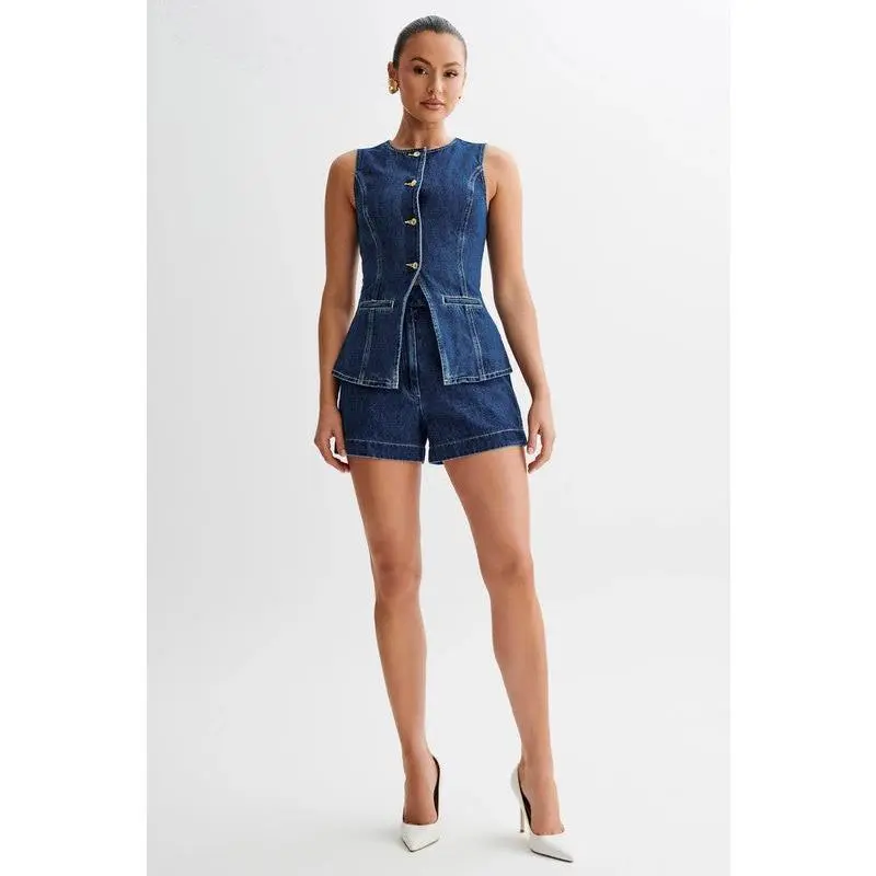 Women's Fashion Denim 2-Piece Short & Top Set - Sleeveless Casual Womenswear Clothing Set, Denim Short & Top Sets