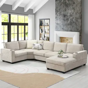 Large U-Shaped Sectional Sofa for Living Room, 119 Inch 6-Seater Corner Couch Set with Chaise & Cup Holders, Deep Chenille Sofa for Apartment & Home Theater