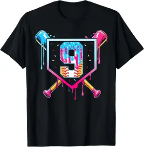 Baseball 9 Year Old Ice Cream Drip 9th Birthday Boy 9 T-Shirt - Crewneck Men Women Youth Boys Girl T-shirt Cotton Fabric