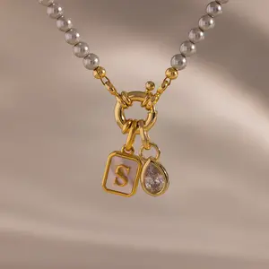 Grey Pearl Charm Necklace by Caitlyn Minimalist - Beaded Pearl Carabiner Necklace - Charm Holder Necklace - Unique Pearl Jewelry - Perfect Gift for Her