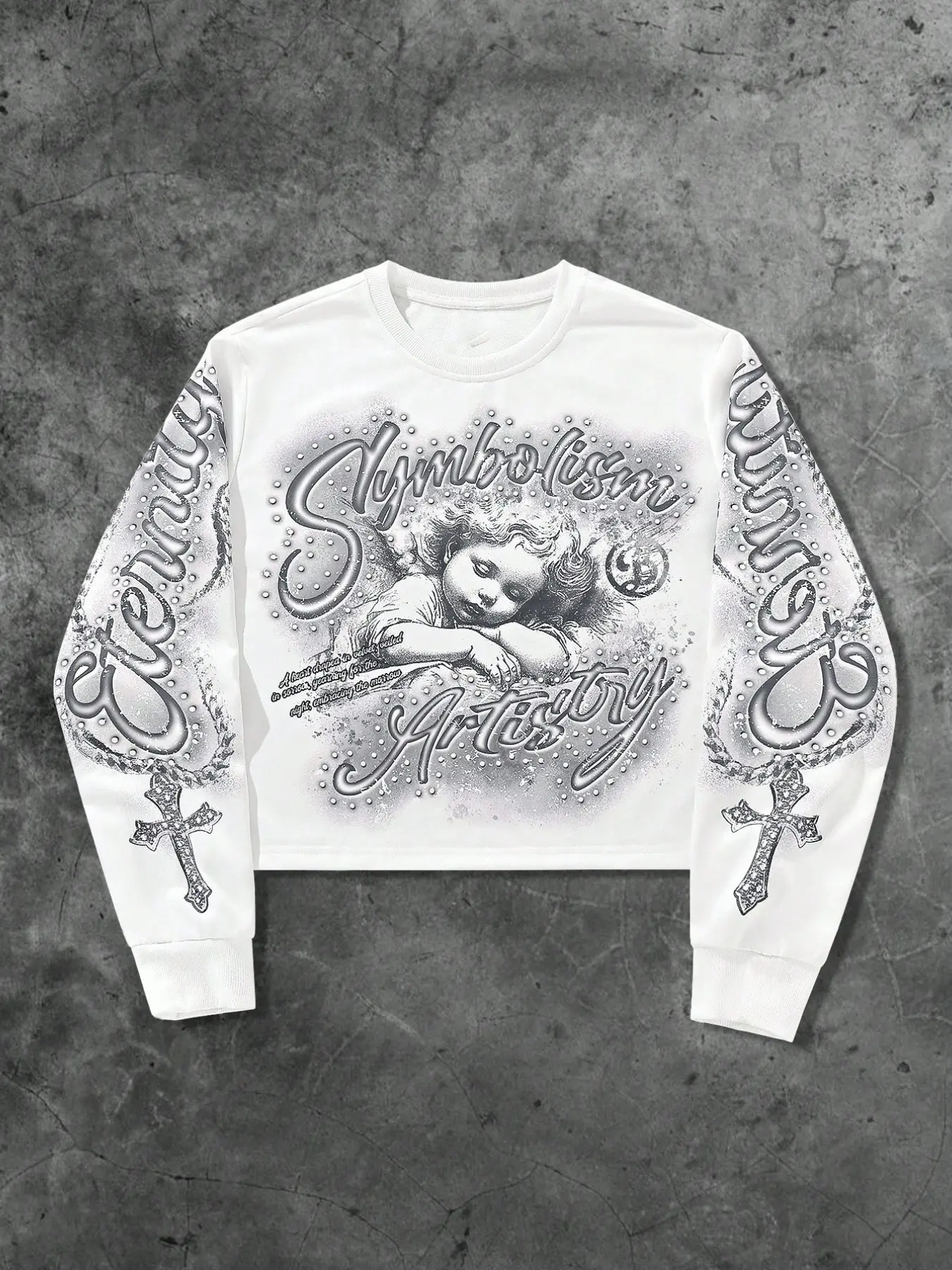 1Pcs Unisex Design White Long Sleeve Airbrush Angel Graphic Casual Sporty Sweatshirt | Y2K Eternity Script Cropped Pullover | Gothic Symbolism Artistry Streetwear Top