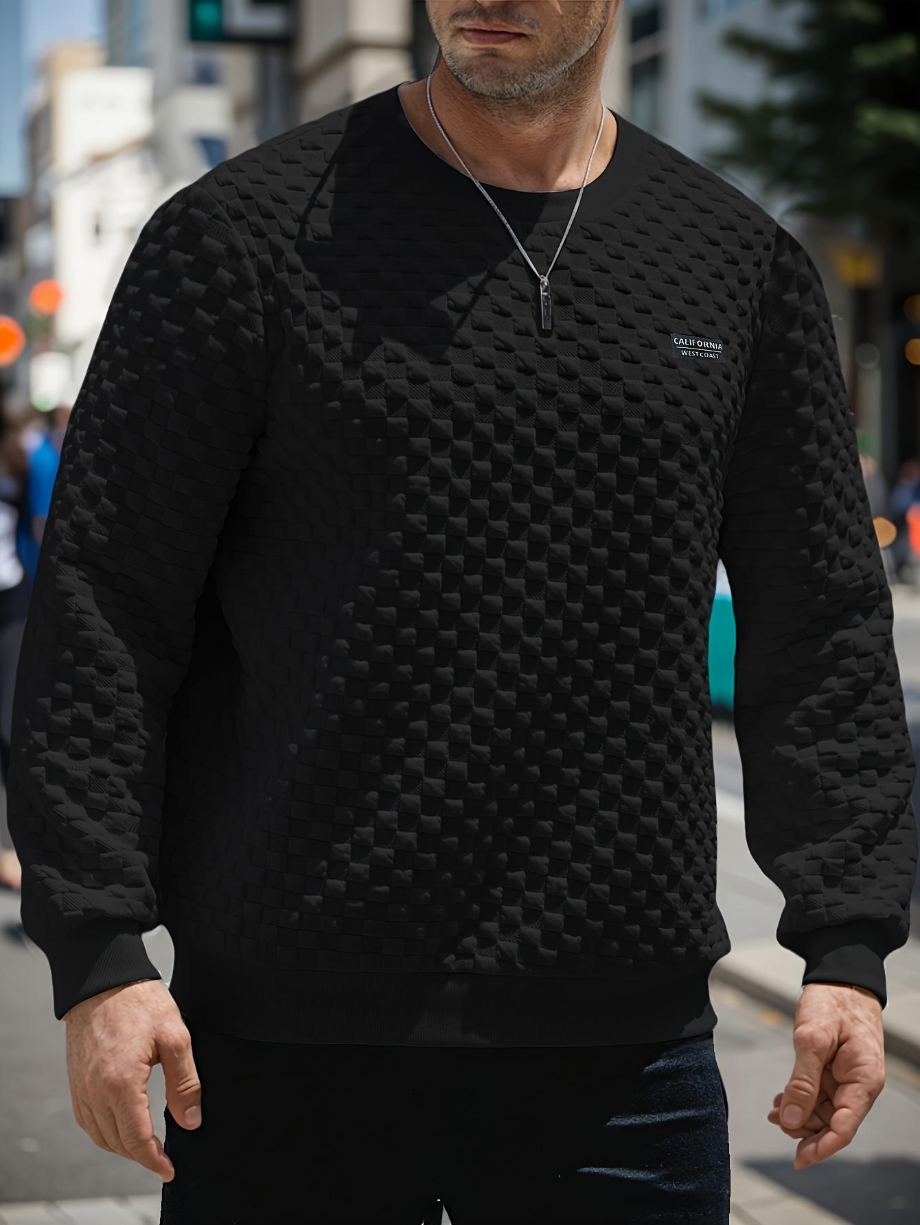 Men's fashionable checkered pattern long sleeved round neck sports shirt, made of 100% polyester knitted fabric, casual regular style, moderate elasticity, solid color cut with printed details, weighing 8.47 ounces per square meter. X