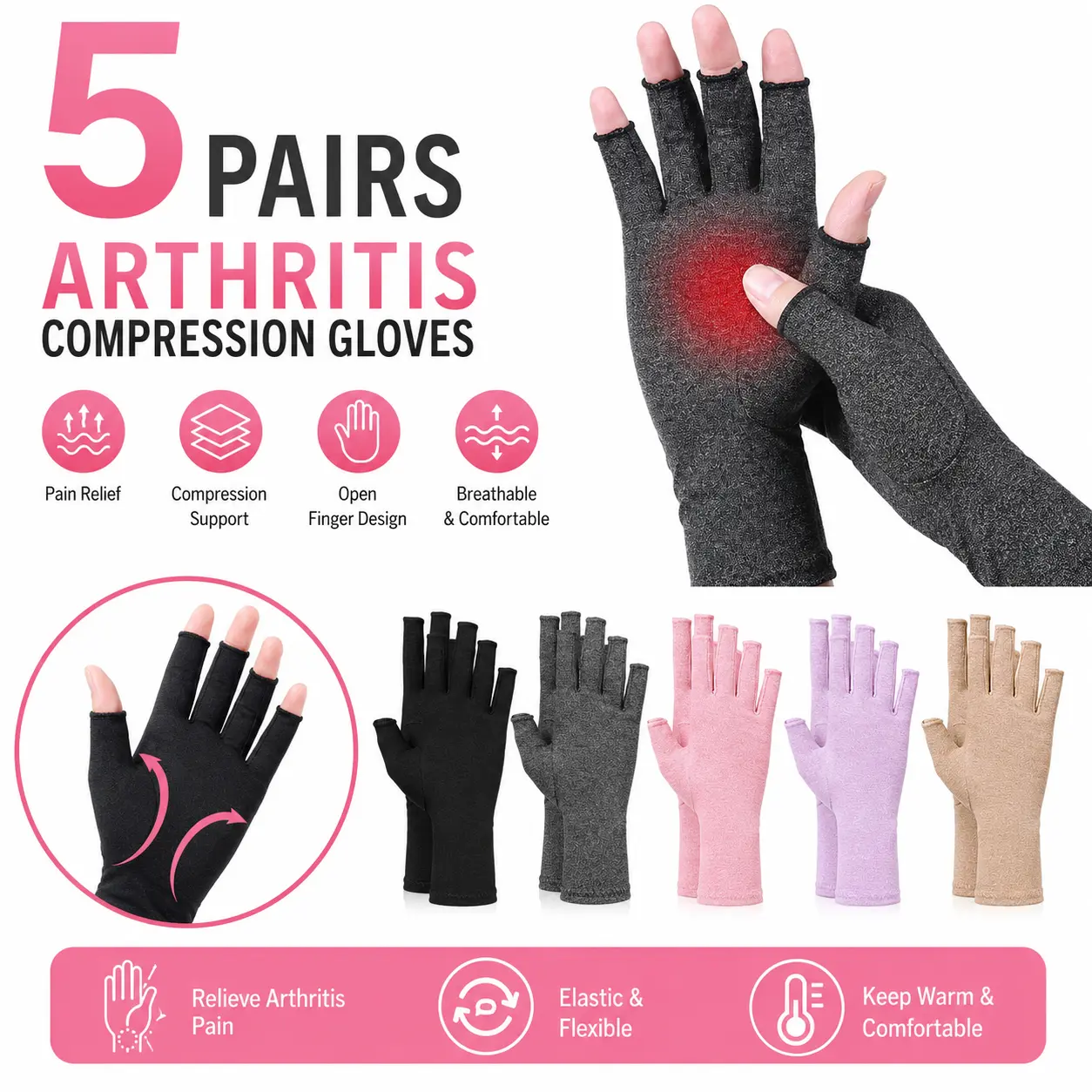 5 Pairs Arthritis Compression Gloves Fingerless Gloves, Large | Pain Relief, Open Finger, 5 Color, Warmth and Elasticity, for Arthritis Men Women