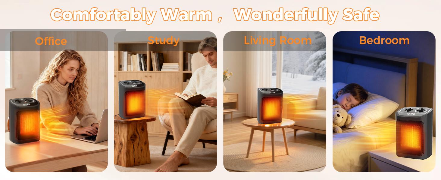OSTBA Portable Indoor Electric Heater, 1500W Ceramic Heater with Adjustable Thermostat, 3 Modes, Tip-Over & Overheat Protection for Office & Bedroom - Black