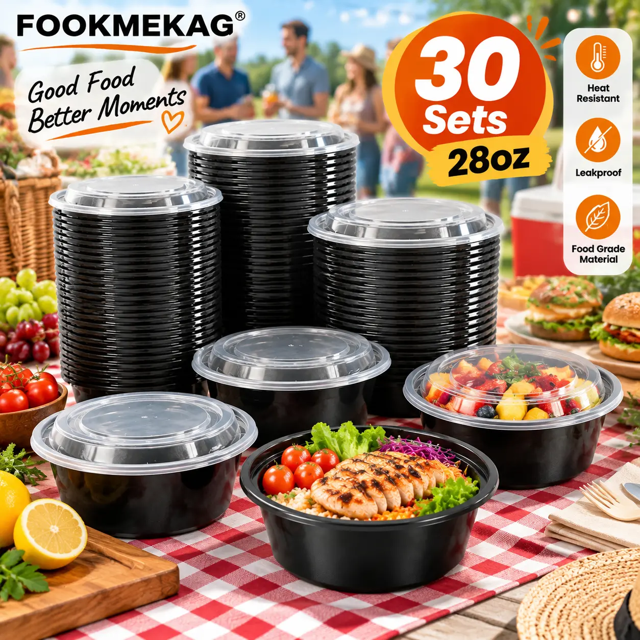 FOOKMEKAG 30-Set 28 oz Sturdy Disposable Dinnerware Set, Heat-Resistant PP Plasticware with Covered Bowls, Reusable Food Storage Meal Prep Containers for Healthy Meals, Picnic, School Lunches