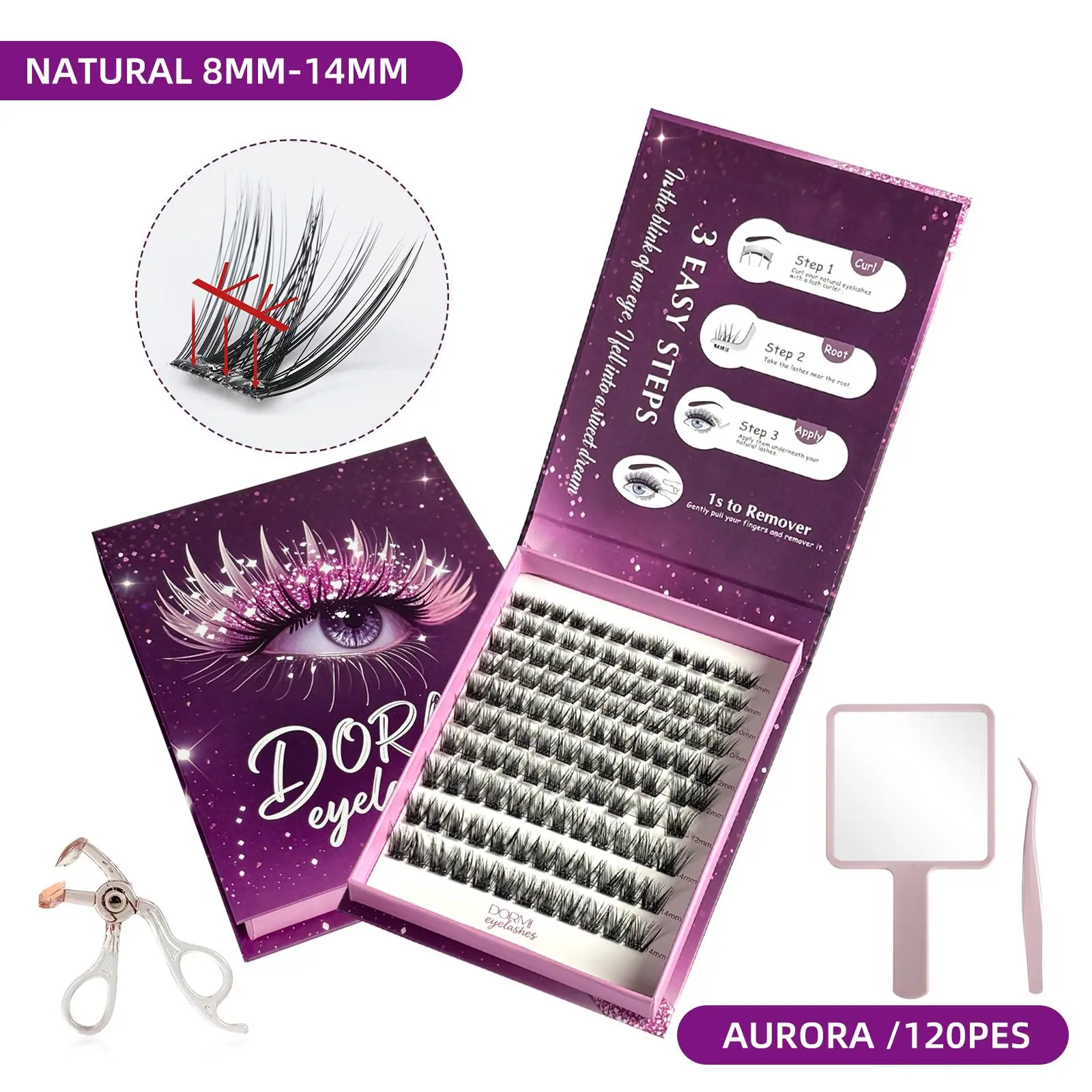 VANITY FAIR Waterproof Realistic Nature Cluster Lashes Kit - DORMI No Glue Self-Adhesive Eyelash Set for DIY Lash Extensions, Water Proof, Makeup Tutorial