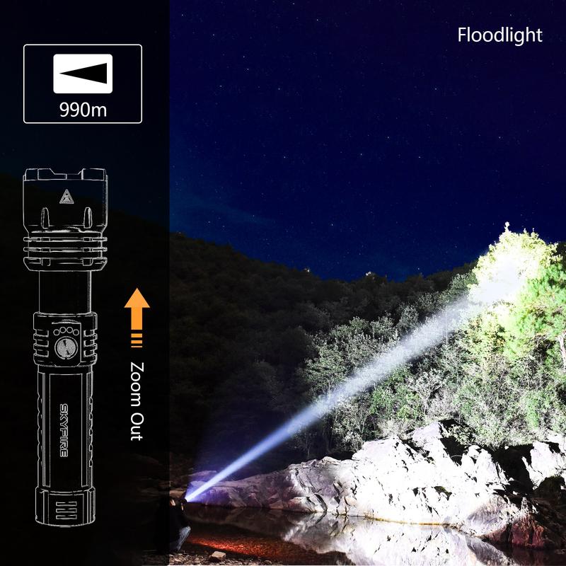 SKYFIRE 1376 LED Flashlight — high-lumen brightness, ultra-bright and rechargeable, featuring adjustable zoom and five lighting modes. A must-have for camping, perfect for both outdoor and home use