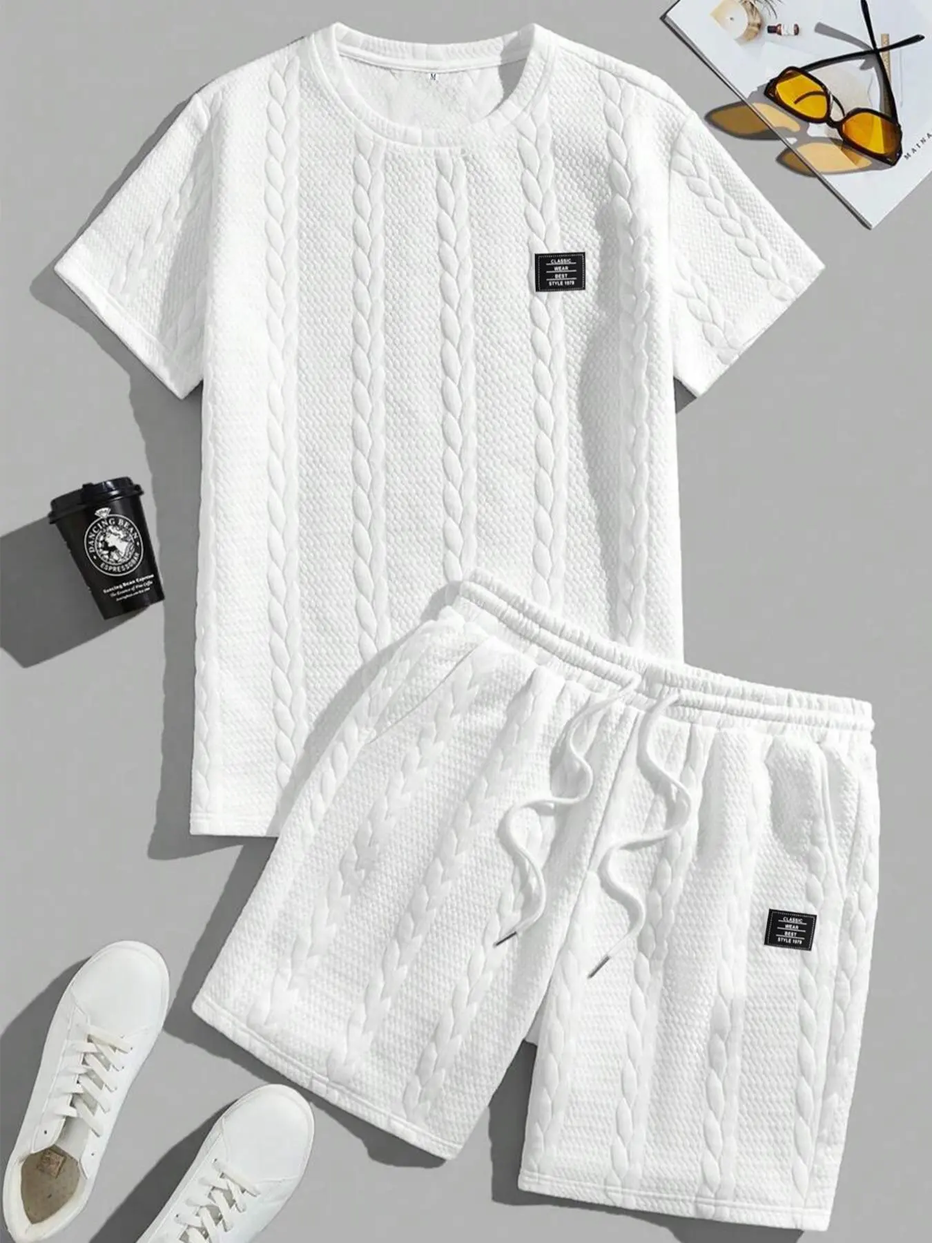 Men's Solid Textured Patched Tee & Drawstring Waist Shorts Set, Regular Fit Casual Round Neck Short Sleeve T-shirt & Pocket Shorts, Men's Summer Clothes