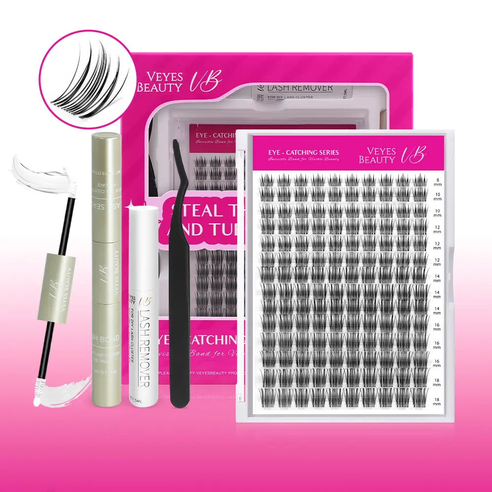 VEYESBEAUTY Individual Cluster Lashes DIY Kit, Handcrafted Polybutylene Terephthalate Fiber Set, Wispy Faux Mink Extensions, Ultra-thin Invisible Band, Mixed Lengths, Included Adhesive, Wispy Look Saves Makeup Time for DIY Lengthening