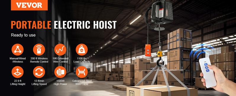 VEVOR Electric Hoist Winch, 1500W Portable Power Winch Crane, Various specifications, Wired and Wireless Remote Control, Overload Protection