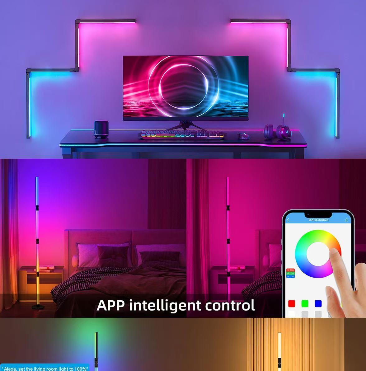 smart RGB floor lamp supports both app and remote control. Its foldable design allows for easy DIY customization, the lamp tube rotates 360°, and it features a music-synchronized timer function. Suitable for bedrooms, living rooms, and home décor.
