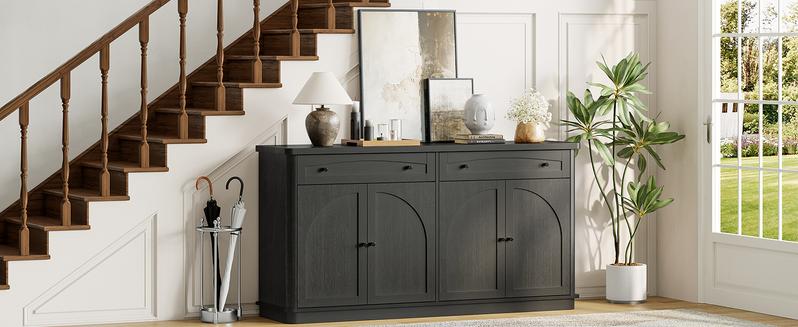 【Valentine's Day Gift】ONBRILL 63 Inch Buffet Cabinet with Storage, Curved Sideboard Cabinet with 2 Drawers and 4 Arched Doors, Storage Cabinets with Adjustable Shelves, Sideboard Buffet for Living Room, Kitchen