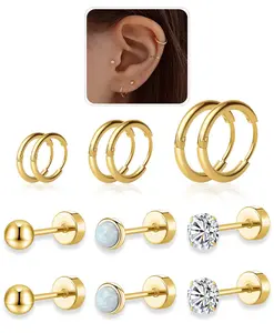 Stainless Steel Fashionable Earrings Set 8 Pairs Rhinestone Decor Stud & Hoop Earrings for Women Men Trendy All Match Exquisite Jewellery Birthday Gift Fall Outfits Freshness Thick Studs