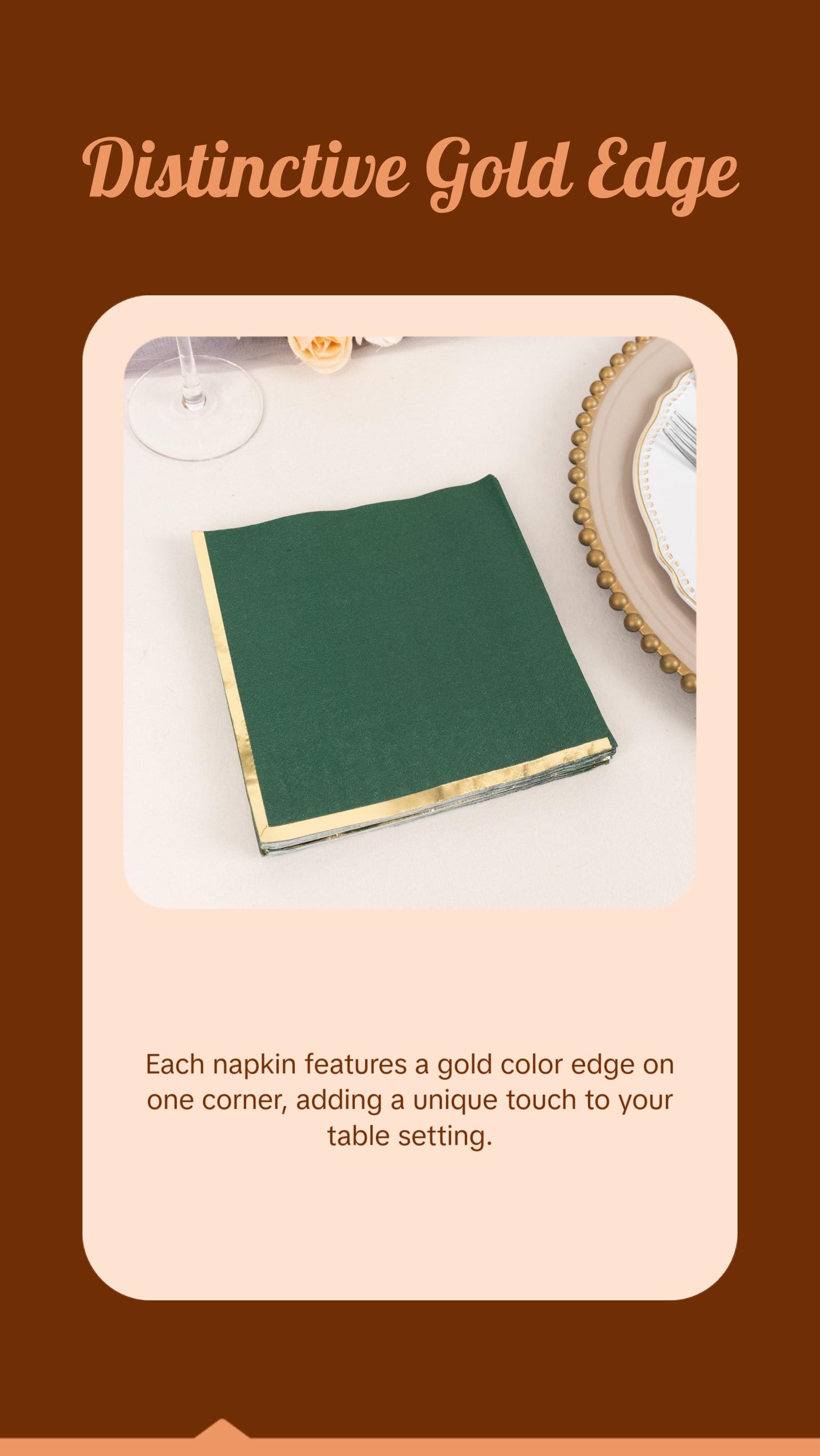 50 Pack 2 Ply Soft Hunter Emerald Green With Gold Foil Edge Dinner Paper Napkins, Wedding Cocktail Beverage Napkins