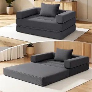 HOMMPA 5-in-1 Folding Convertible Sofa Bed Oversized Boneless Couch Loveseat Sleeper Pull Out Floor Sofa Bed Corduroy Foldable Mattress Couch for Living Room Bedroom Lounge Full Size Grey