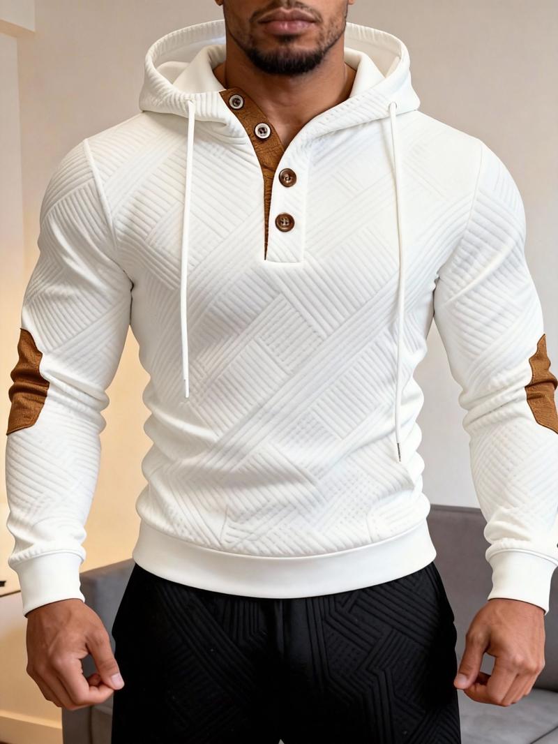 Men's slim fit hooded jacquard top with half open button design, elastic sports and casual sweatshirt