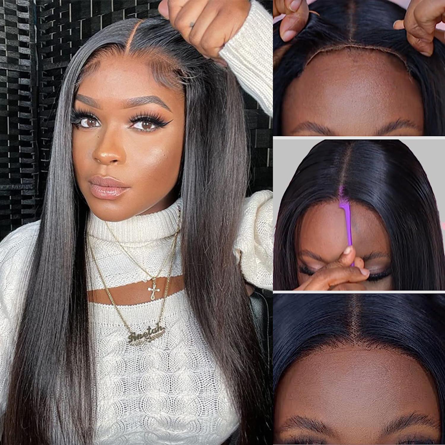 9x6 Glueless HD Lace Wig 180% Density Straight Virgin Human Hair 5x5 Closure Wig Pre-Cut Lace  Frontal Wig For Women 180% Density Natural Black No Glue Needed