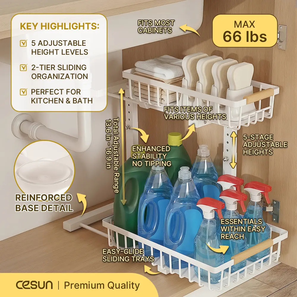 Cesun 2-Tier Slide-Out Under Sink Organizer - Metal Drawer, Storage Organization, Under-Sink Storage Kitchen Cabinets, Indoor Use Bathroom Organizing Accessories (1-Pack, White), Storage Organizer