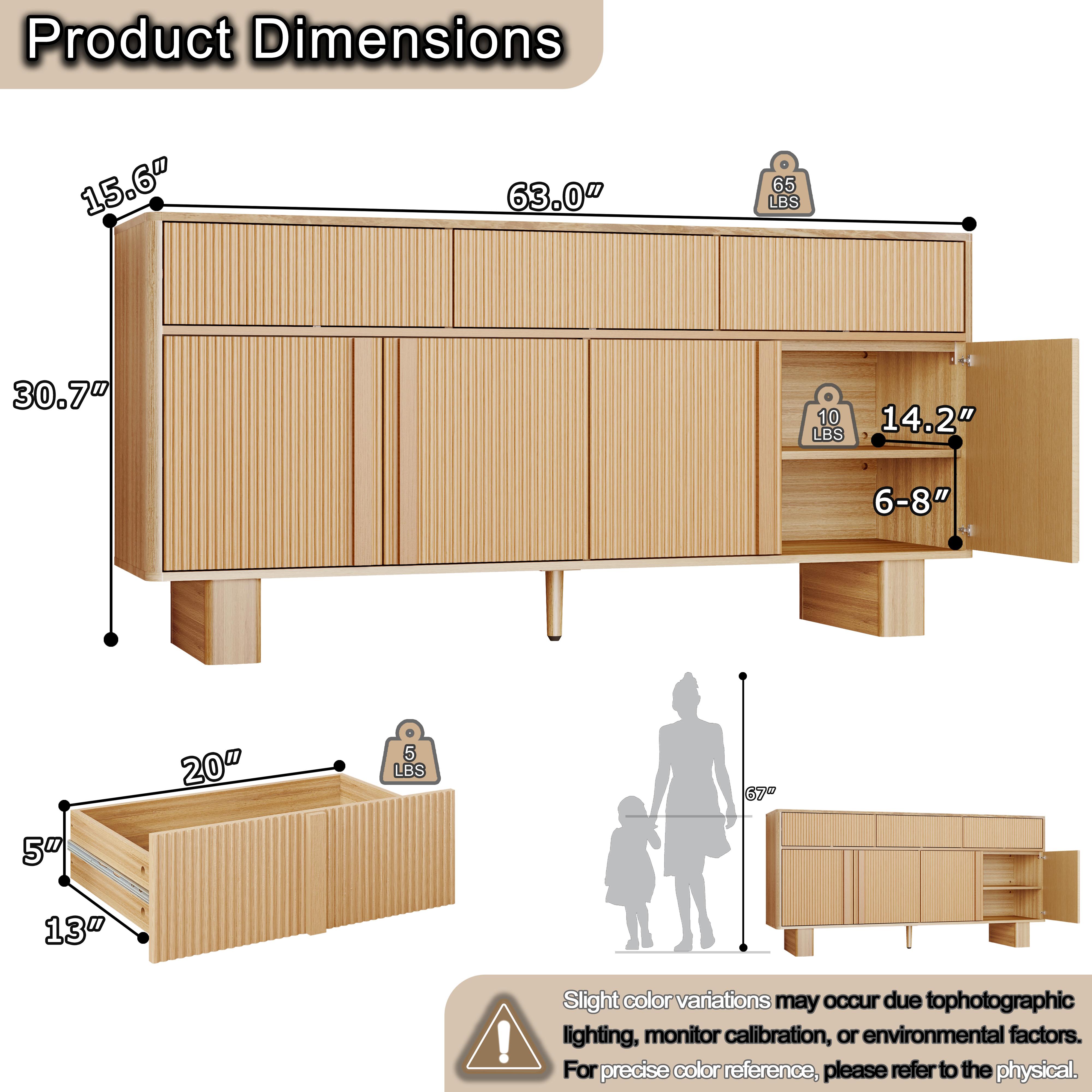 Modern Buffet Cabinet with Storage, 63" Wide Sideboard Cabinet with 3 Drawers and 4 Doors, Reinforced Wide Legs for Kitchen & Living Room, Natural Oak