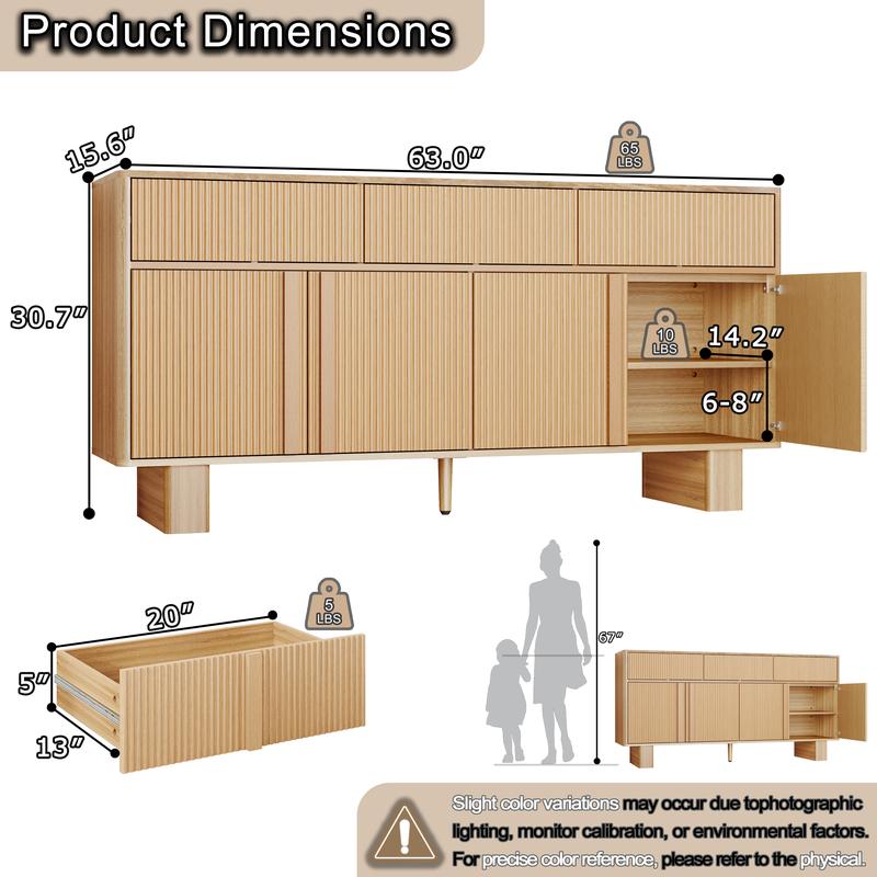 Modern Buffet Cabinet with Storage, 63" Wide Sideboard Cabinet with 3 Drawers and 4 Doors, Reinforced Wide Legs for Kitchen & Living Room, Natural Oak