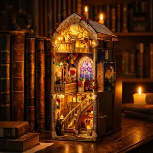 DIY Enchanted Rose Library Book Nook Kit with LED Lights, Wooden Miniature Bookshelf Insert Decor, Unique Holiday Gift for Adults