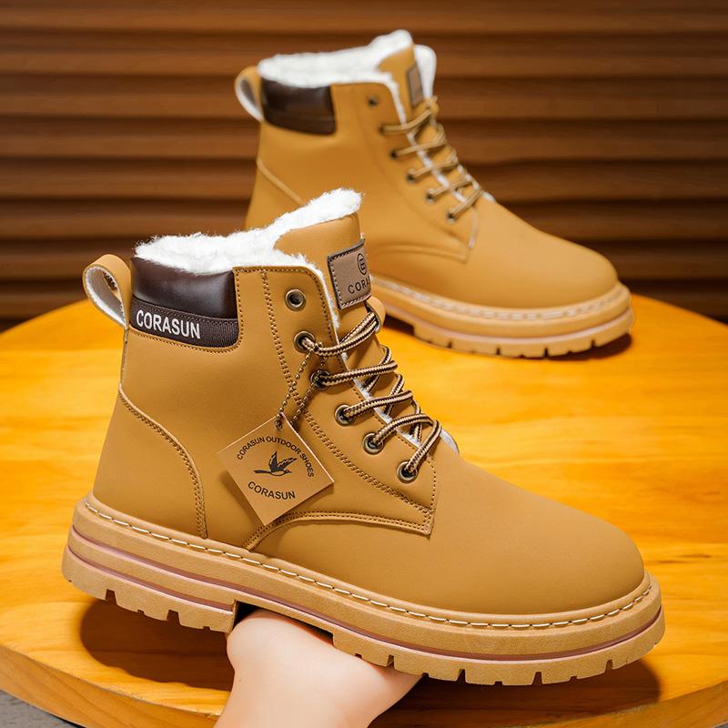 CORASUN 2025 US multi warehouse shipment for autumn and winter men's mid top sports and leisure shoes with fleece snow boots, anti slip work boots, leather covered outdoor boots, fashionable motorcycle boots