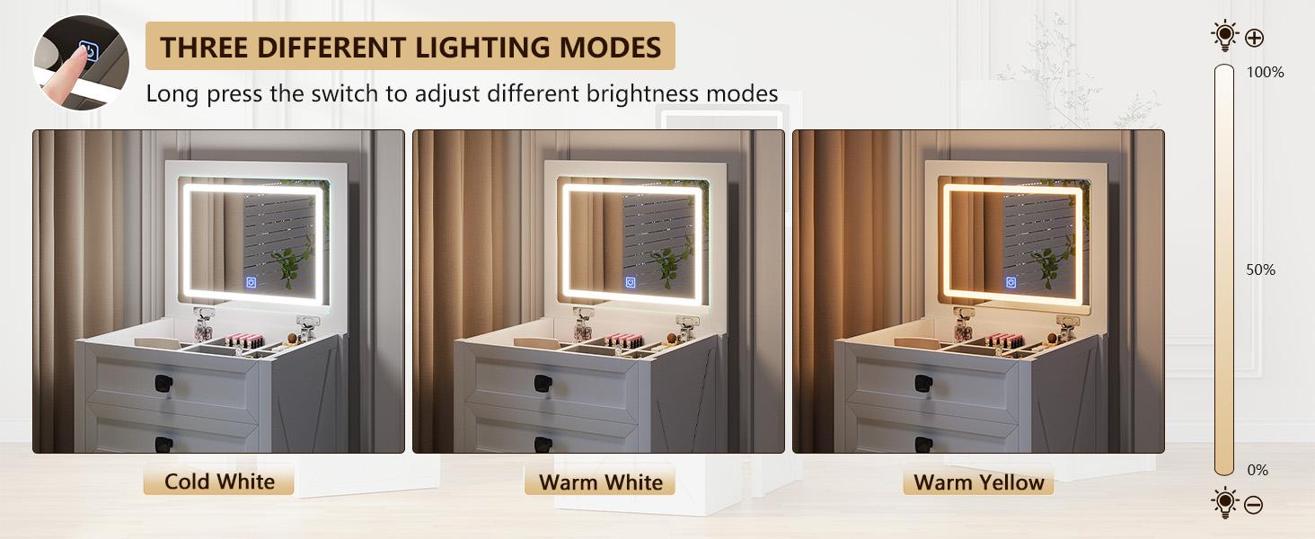 Miuvanity Farmhouse 3 in 1 Vanity with Mirror, 3-Color Adjustable Lighting, Cushioned Stool for Bedroom Organization & Beauty Routines