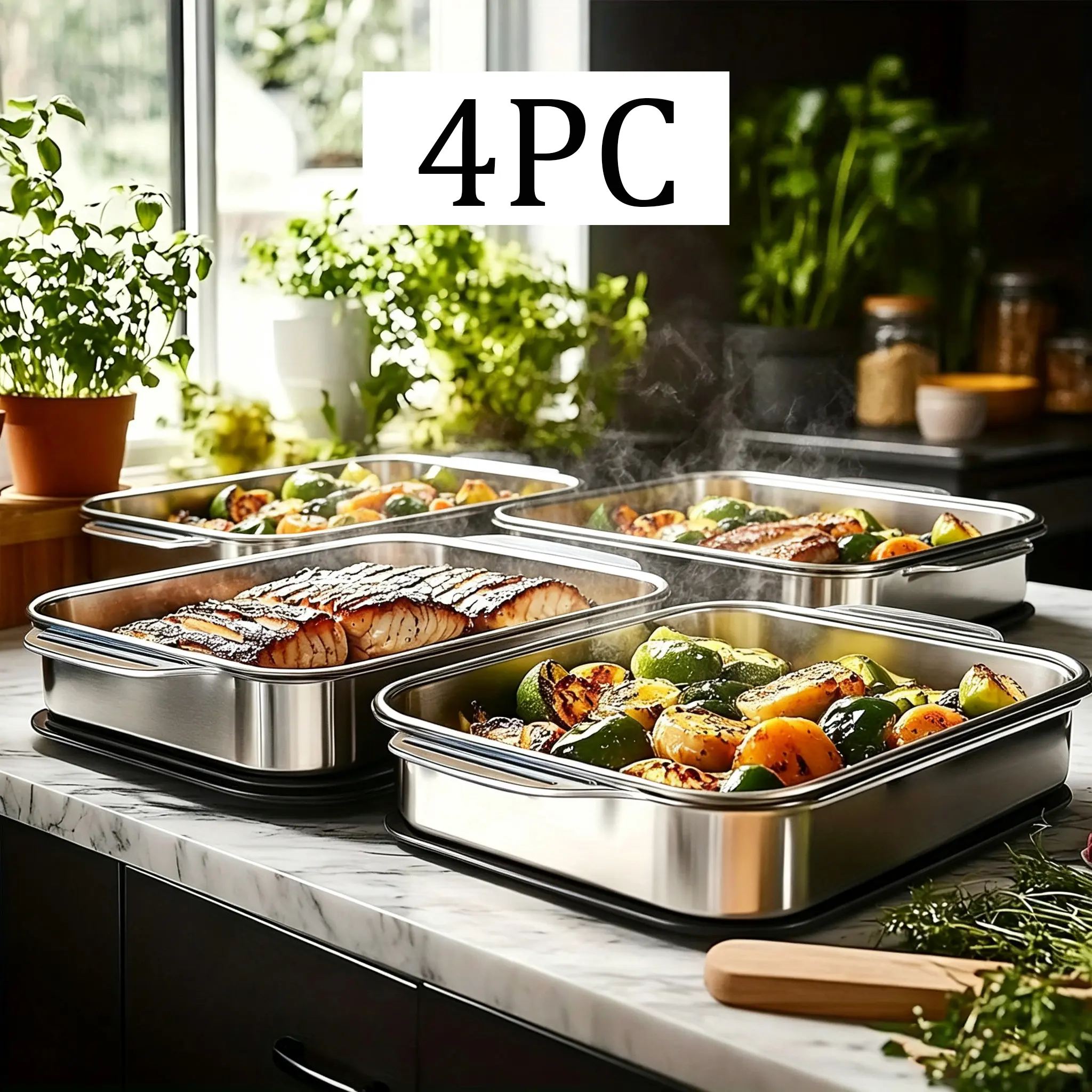 Stainless Steel Bakeware Set (2/4 Extra Large 16x10x3in Pans) - Anti-Stick Thick-Bottomed Long Rectangular Deep Trays with Lids, Oven-Safe for Desserts Bread, 2-Pan Batch Cook Ideal for Buffet Serving, Mother's Day Gift, Oven Safe Sheets & Grates