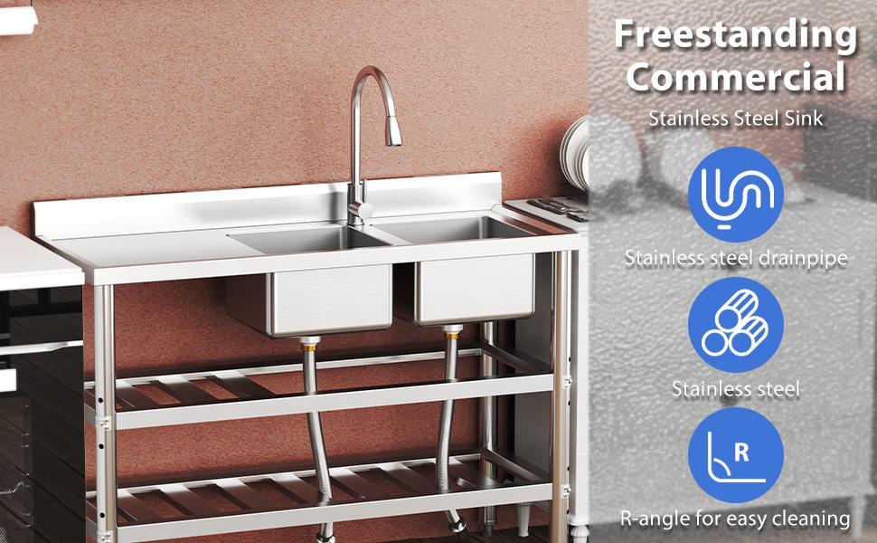 GARVEE Free Standing Commercial Kitchen Sink, Stainless Steel Utility Sink with Hot & Cold Hoses, Stainless Steel Double Bowl Utility Sink Set for Garage, Restaurant, Kitchen, Outdoor