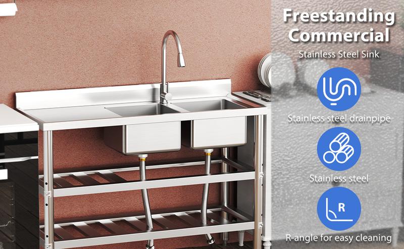GARVEE Free Standing Commercial Kitchen Sink, Stainless Steel Utility Sink with Hot & Cold Hoses, Stainless Steel Double Bowl Utility Sink Set for Garage, Restaurant, Kitchen, Outdoor