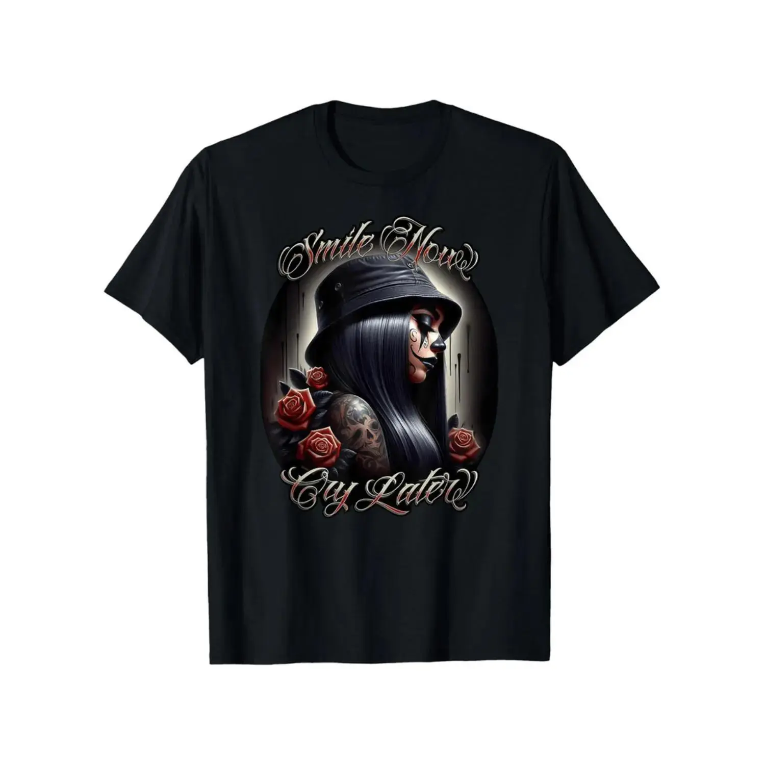 Chicana Payasa Tattoo Art Cotton TShirt Featuring Smile Now Cry Later Design