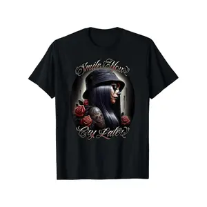 Chicana Payasa Tattoo Art Cotton TShirt Featuring Smile Now Cry Later Design