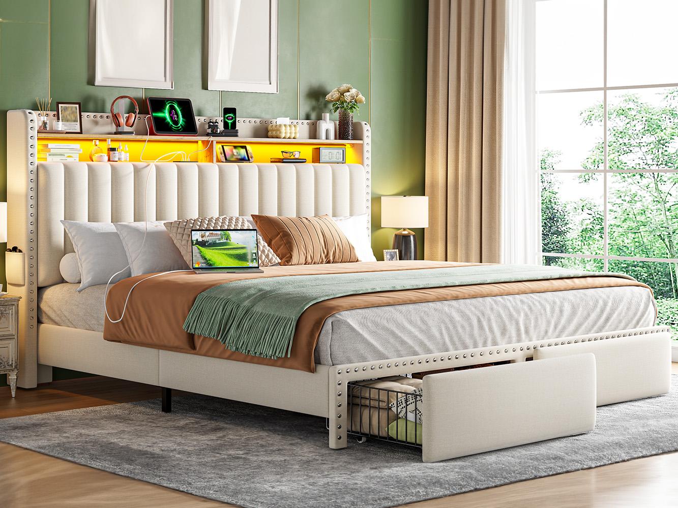 Luxury Bed Frame for Queen with 2 Storage Drawers & Shelves, MATTRESS NOT INCLUDED, Bed frame with LED &Charging Station, Queen, King, Full Size, Upholstered Platform Bed Frame with Headboard, Noise-Free