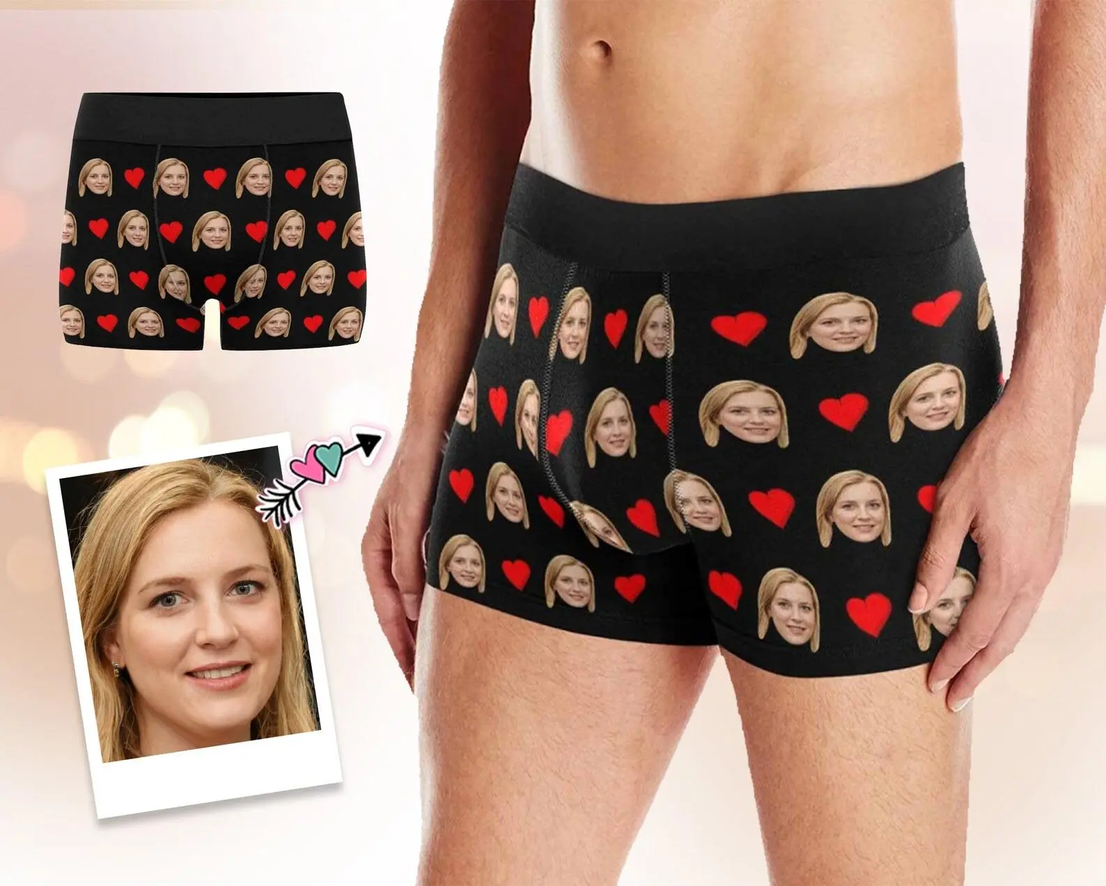 Personalized Menswear Men's Boxer Briefs - Polyester, Casual Wear, Elastic Waist, Custom Face Print, Valentine's Day Red Love Hearts & Black Underwear, Love Symbols, Heart Men's Boxer Briefs
