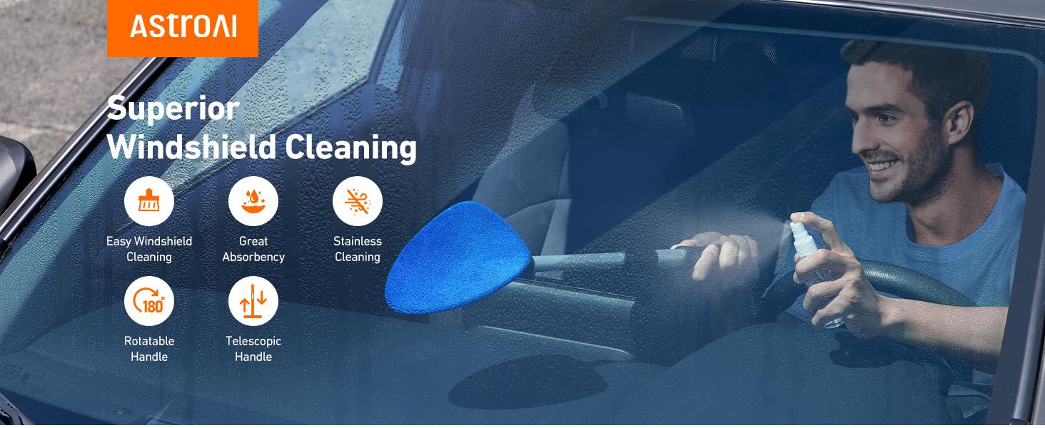 【Spring Glow Up】AstroAI Car Windshield Cleaner Tool, Window Cleaning Kit with 39in Car Mirror Squeegee, 4 Reusable Microfiber Pads and Extendable Handle, Blue