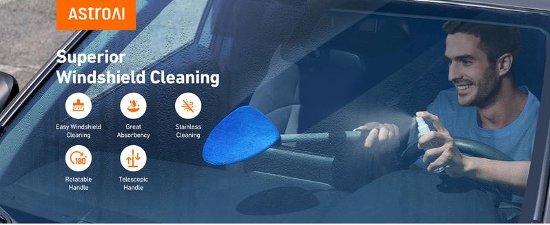 【Valentine's Day Gift】AstroAI Car Windshield Cleaner Tool, Window Cleaning Kit with 39in Car Mirror Squeegee, 4 Reusable Microfiber Pads and Extendable Handle, Blue