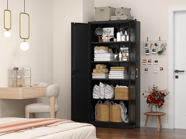 71 Inch Farmhouse Metal Pantry Cabinet, Tall Storage Cabinet with Doors and Adjustable Shelves for Kitchen/Dining/Living Room, Tall Freestanding Storage Cabinet for Garage/Laundry Room/Bathroom, White/Black