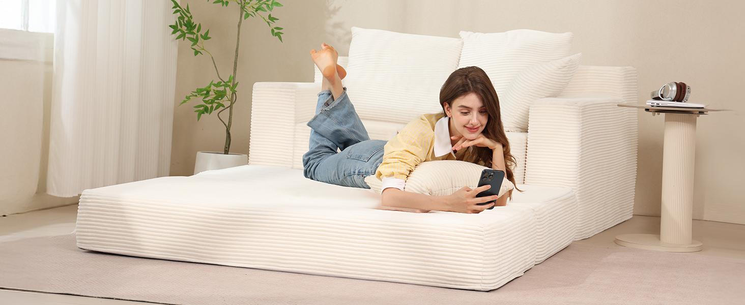 Winzoo Convertible Sofa Bed 3 in 1 Loveseat Folding Couch Bed Foldable Chaise Lounge Chair Floor Futon Sleeper Corduroy with 4 Pillows for Living Room