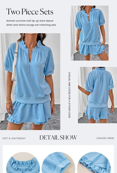 Shewin Women's 2026 Summer Casual 2-Piece Ribbed Knit Set - Adjustable Shortsleeve Half-Zip Collared Loose Pullover Top with Pockets & High-Waist Elastic-Fit Ruffle Mini Skirt for Everyday Wear,summervibes