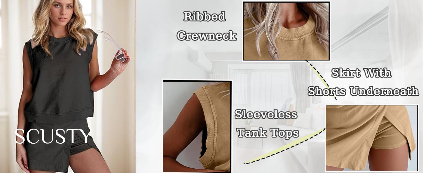 Women's 2 Piece Set Mineral Washed Cotton Loungewear Set Summer Tank Top Lined Split Athletic Skirt Suits