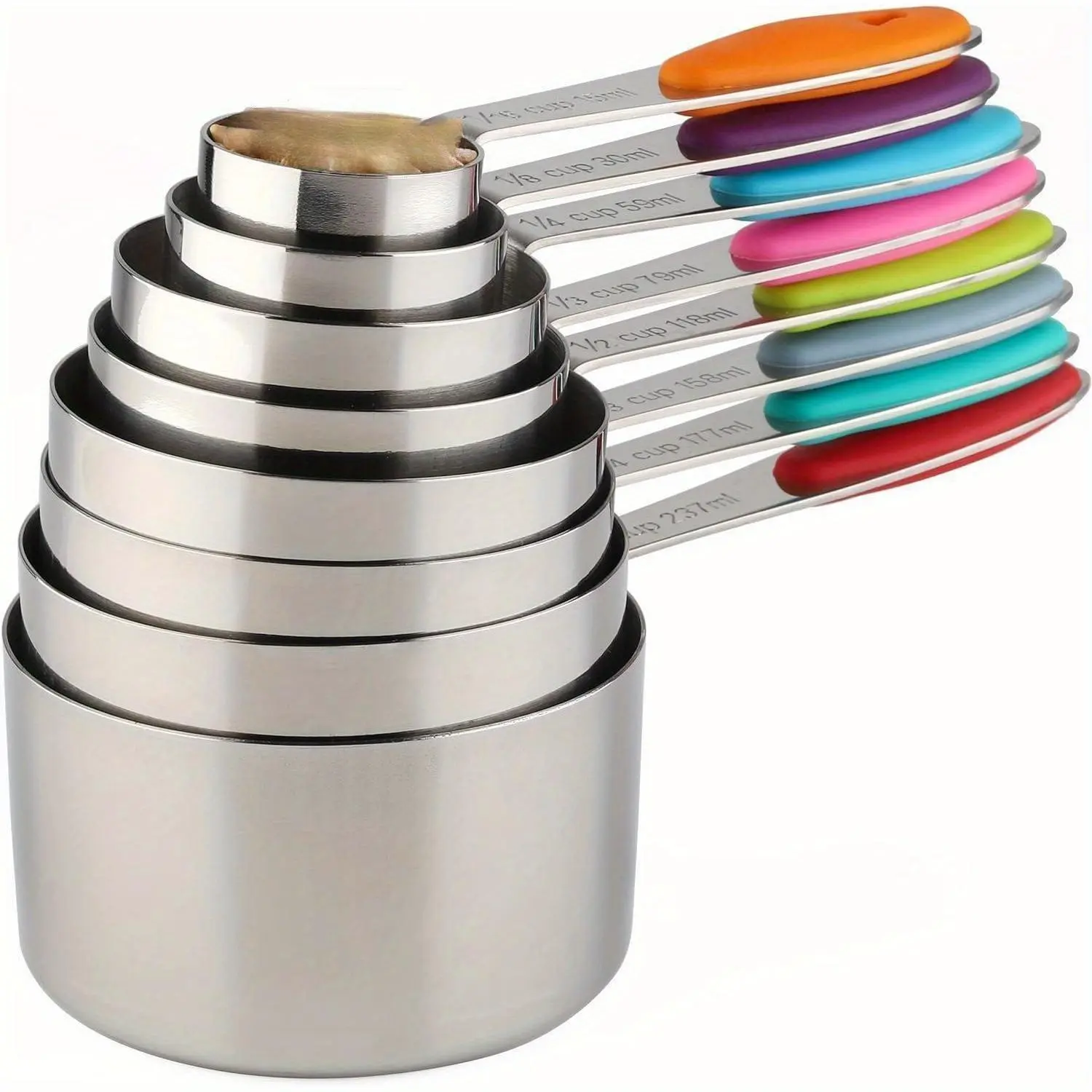 8-Piece Stainless Steel Magnetic Measuring Cup Set with Silicone Handle, for Dry & Liquid Ingredients, Baking & Cooking Kitchen Utensils, Kitchen Supplies - Black