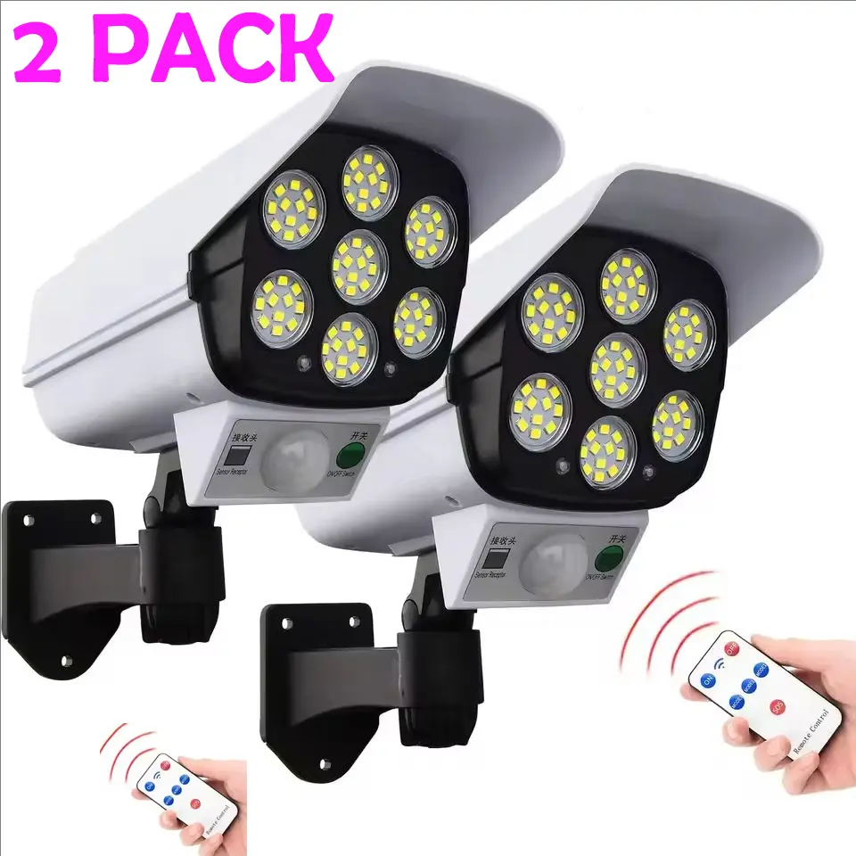 Outdoor Solar-Powered Home Security Motion Induction Wall Lights - 2000 Lumens, 77 LED Wireless Automatic Lights with Remote, Waterproof ABS Plastic Fake Camera Lamps with Silicon, Night Warning Monitoring