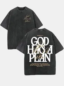 Retro Washed Double Sided Printed T-Shirt, 'GOD HAS A PLAN' Letter Graphic Tee, 230g Pure Cotton, Slightly Cropped, Crewneck, Distressed Streetwear, Men's Casual Comfortable Fashion Tops Smooth Fabric Seamless Soft Tshirt graphic tee t shirt