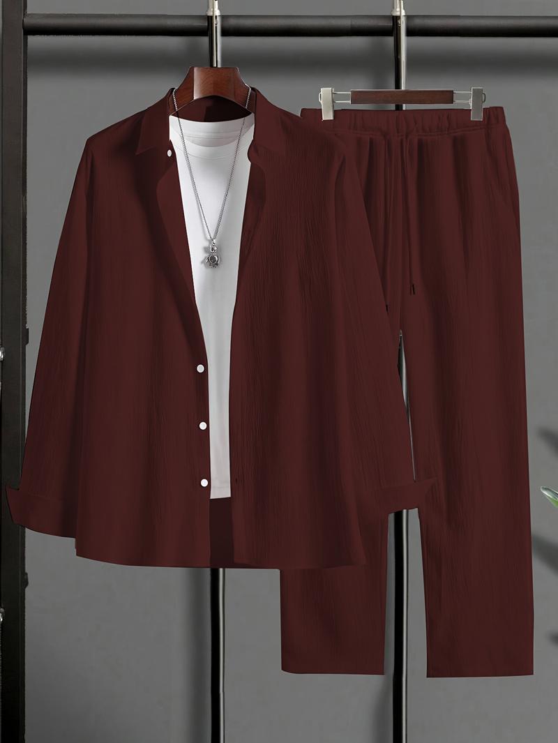 Men's Casual Long Sleeve Shirt & Stretch Trousers Set - Solid Color Relaxed Fit, Soft Rich Texture for Fall Fashion, Office Work & Daily Comfort Men's Casual Long Sleeve Shirt & Stretch Trousers Set - Solid Color Relaxed Fit, Soft Rich Texture for Fall Fashion, Office Work & Daily Comfort