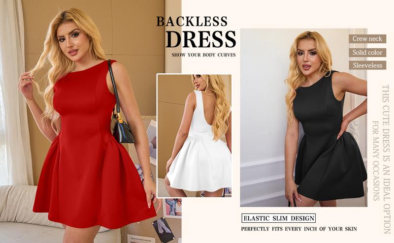 OYS Women's Summer Sleeveless Crew Neck Backless A-line Mini Party Prom Dress